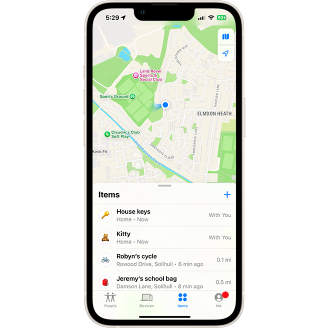 Smartphone displaying a map with items like keys, a pet, and a bicycle, showcasing tracking features of roam smart tag.