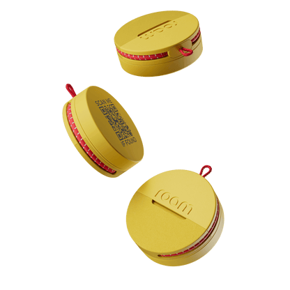 Yellow Roam Smart Tracker tag, 1-year+ battery, QR recovery, free Android/iOS tracking.