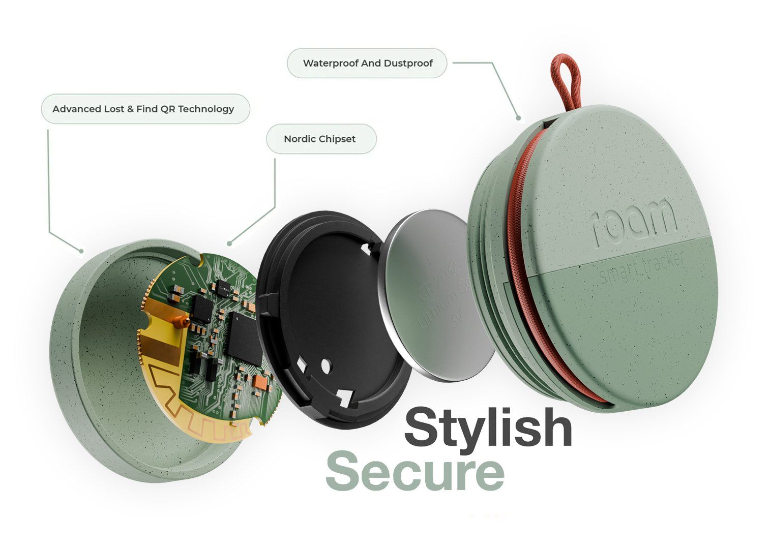 Roam smart tracker with swappable CR2032 battery, waterproof design, advanced lost and find QR technology, and Nordic chipset for secure everyday tracking